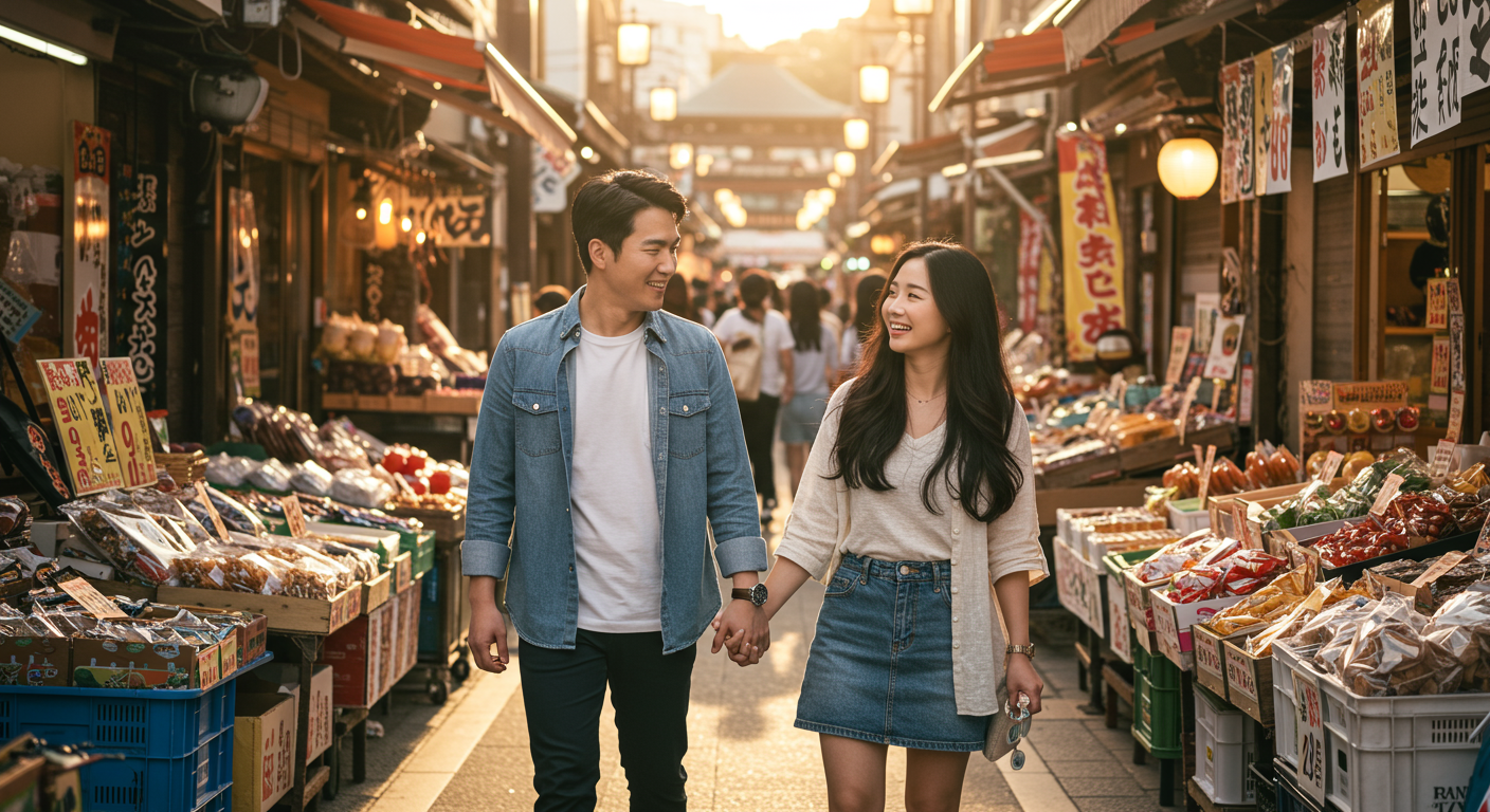 일본 거리 시장을 걸으며 서로와 함께 시간을 보내는 커플