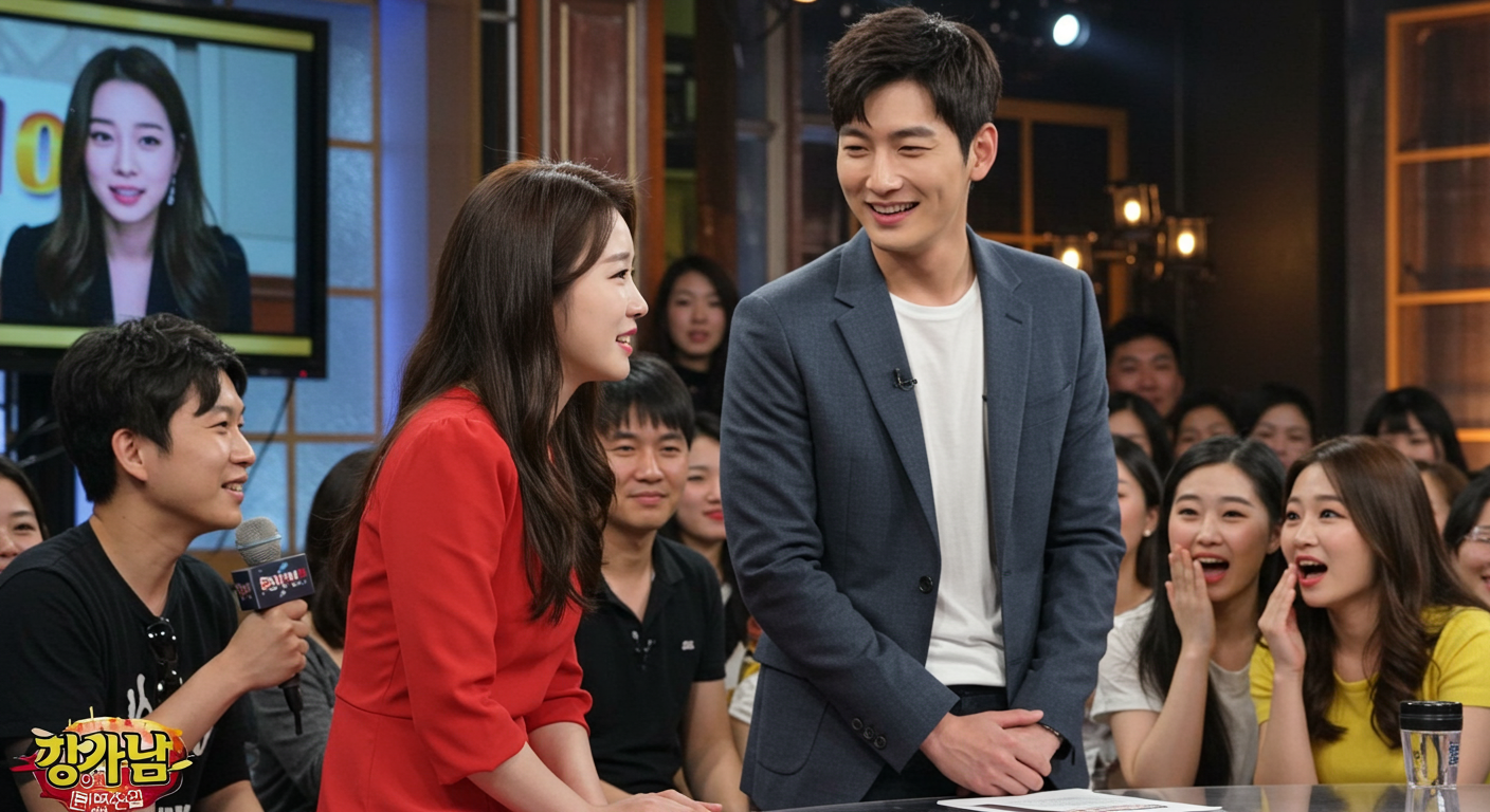활기찬 TV 쇼 세트장에서 카메라와 함께 있는 한국 배우