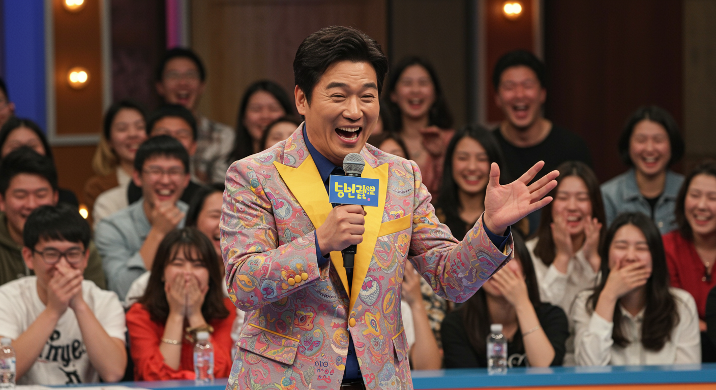 코미디언이 버라이어티 쇼 무대에서 농담을 던지며 웃고 있는 관객들