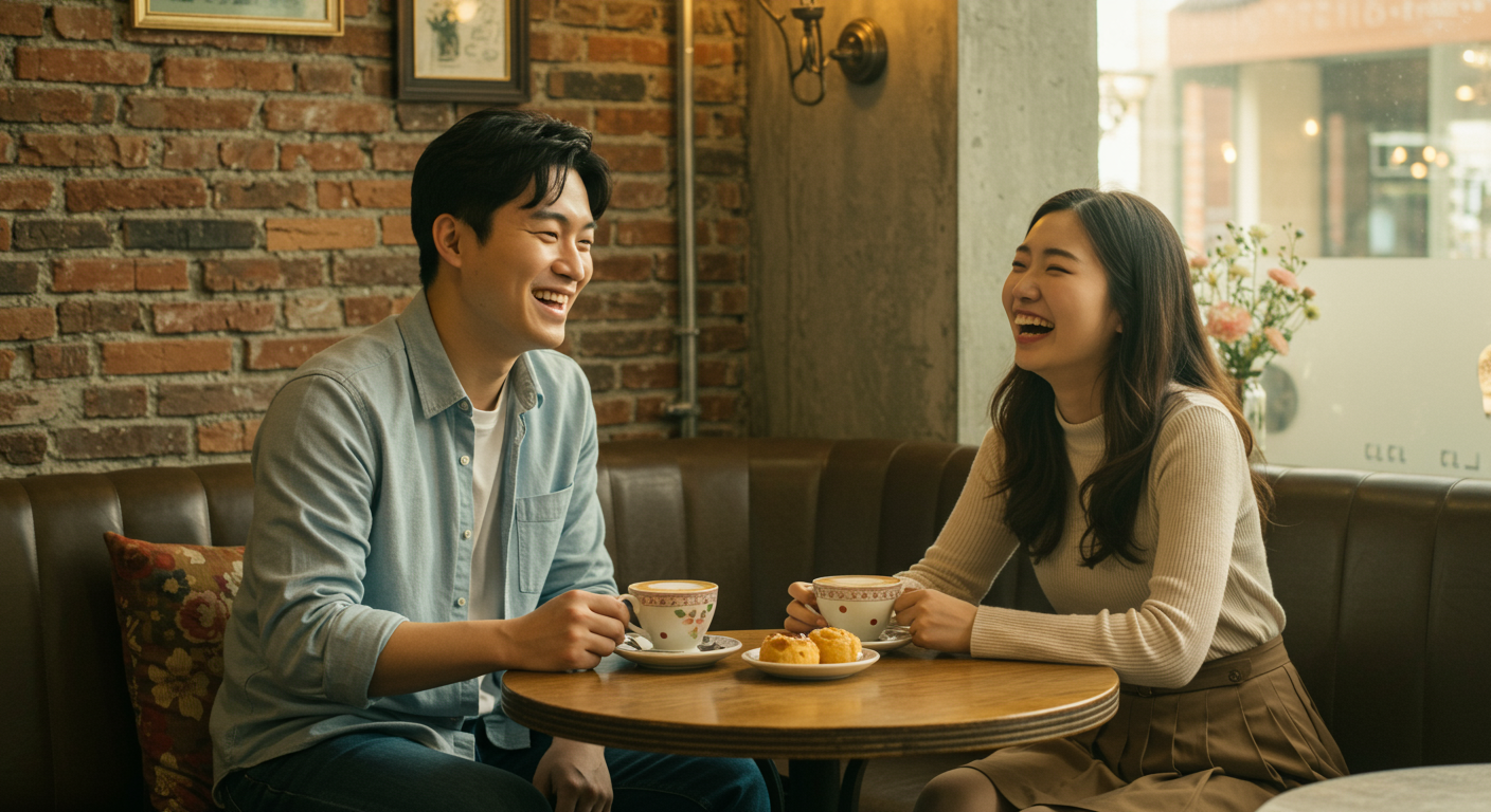 카페에서 커피를 마시며 즐겁게 웃고 있는 행복한 커플