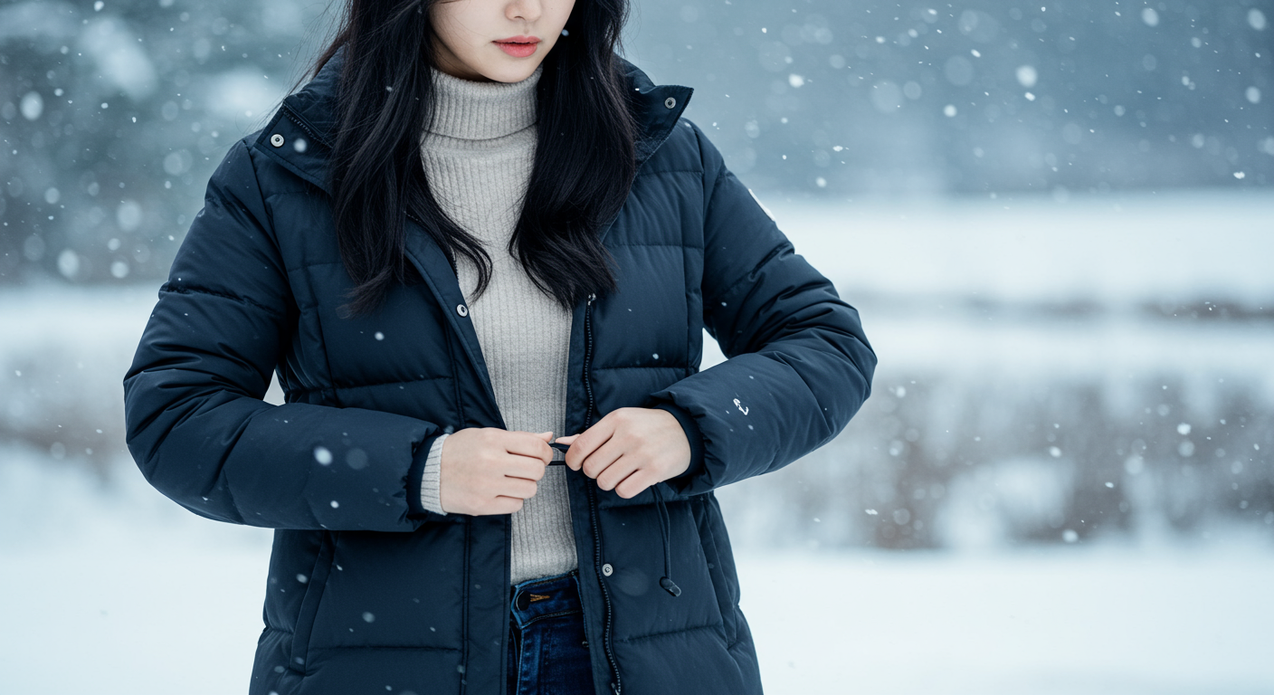 겨울철 야외에서 롱다운 자켓의 허리 스트링을 조절하는 여성