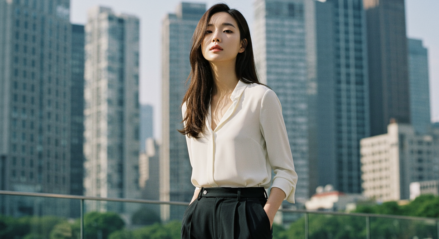 도심 속에서 얼굴 조화와 자연미를 강조하는 현대 한국 여성의 자연스러운 코