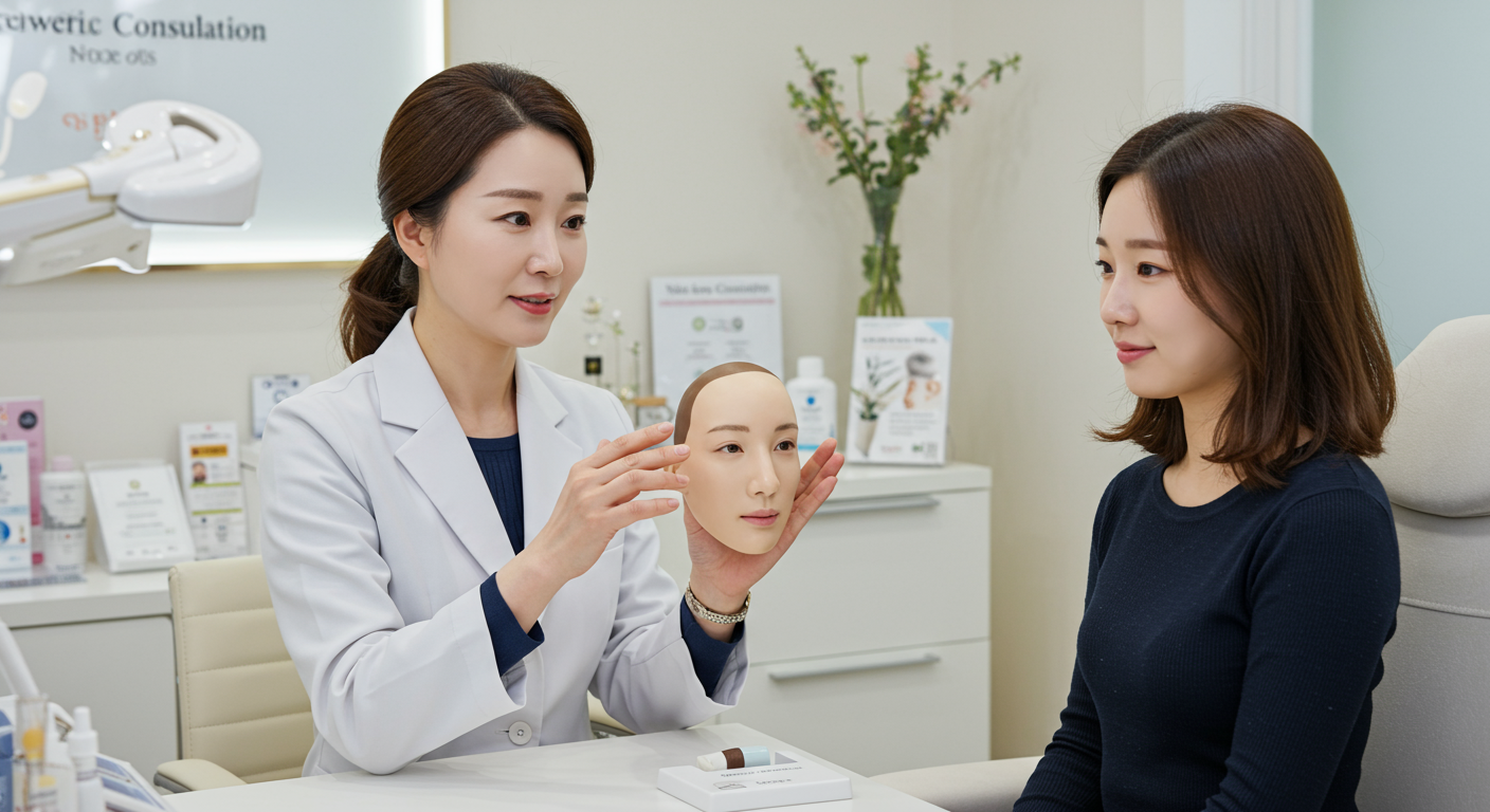 이마 볼륨과 콧대 높이에 대해 상담 중인 한국 미용 상담 장면