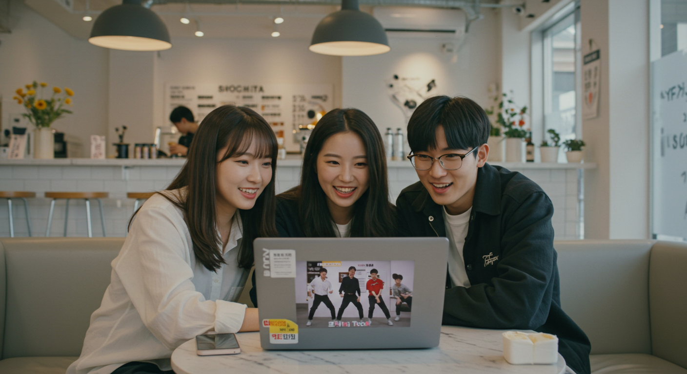 서울의 현대적인 카페에서 노트북으로 포치타 토카토카 댄스 영상을 보고 있는 젊은이들