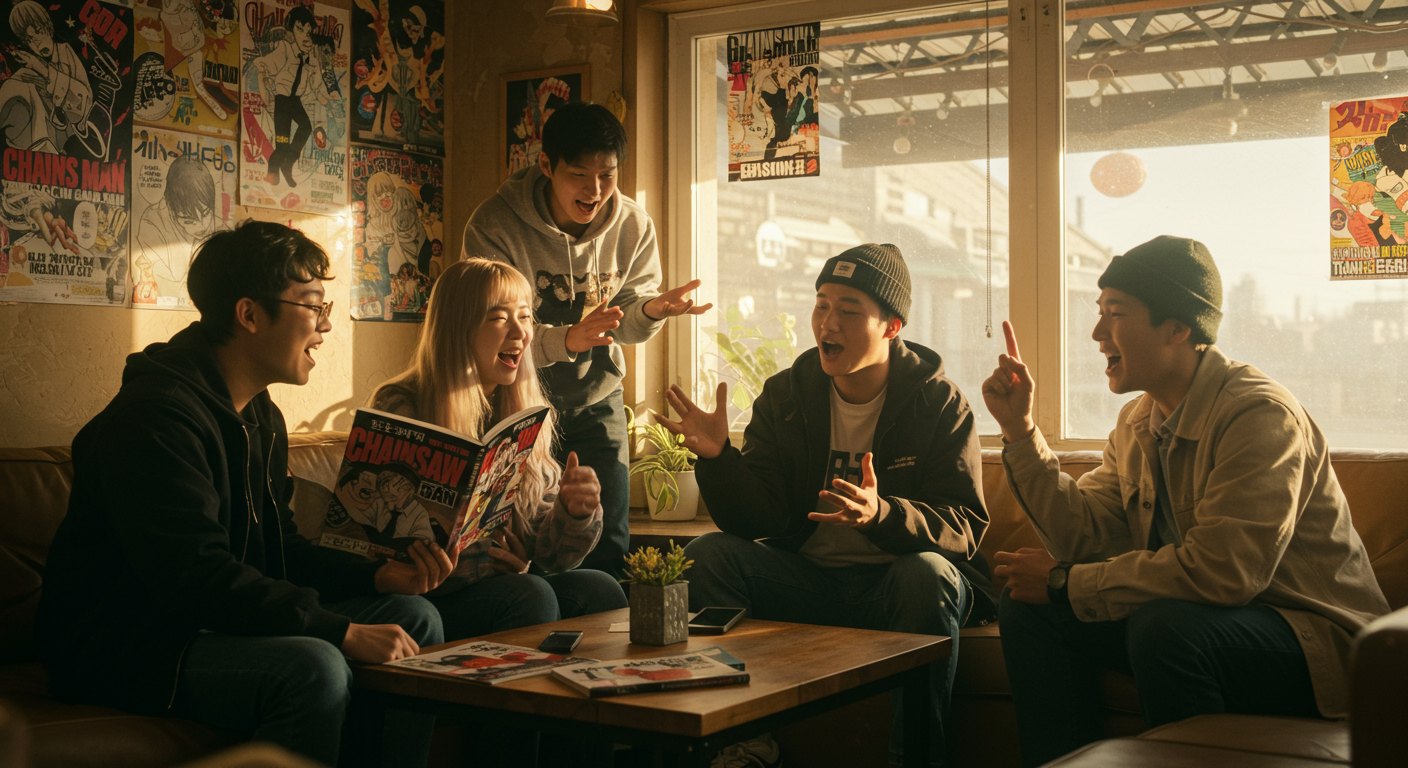 카페에서 체인소맨 시즌 2 방영일을 토론하는 젊은 팬들의 모습