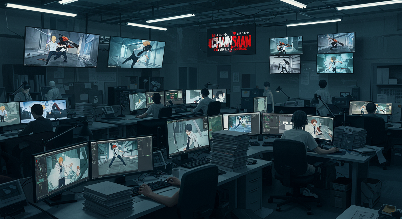 MAPPA 스튜디오에서 체인소맨의 역동적인 액션 장면을 작업 중인 애니메이터들