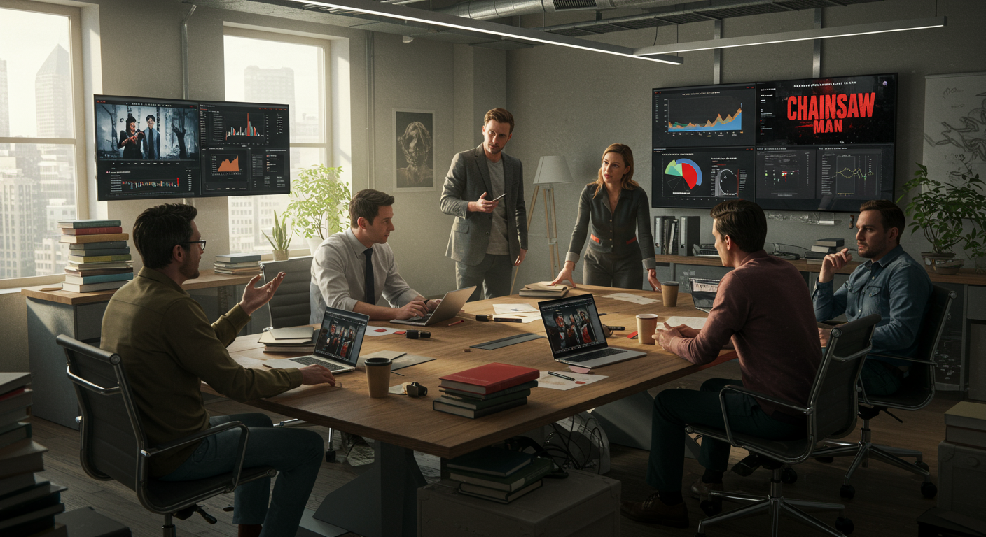 넷플릭스와 같은 스트리밍 플랫폼에서 체인소맨의 인기를 논의하는 경영진들의 회의