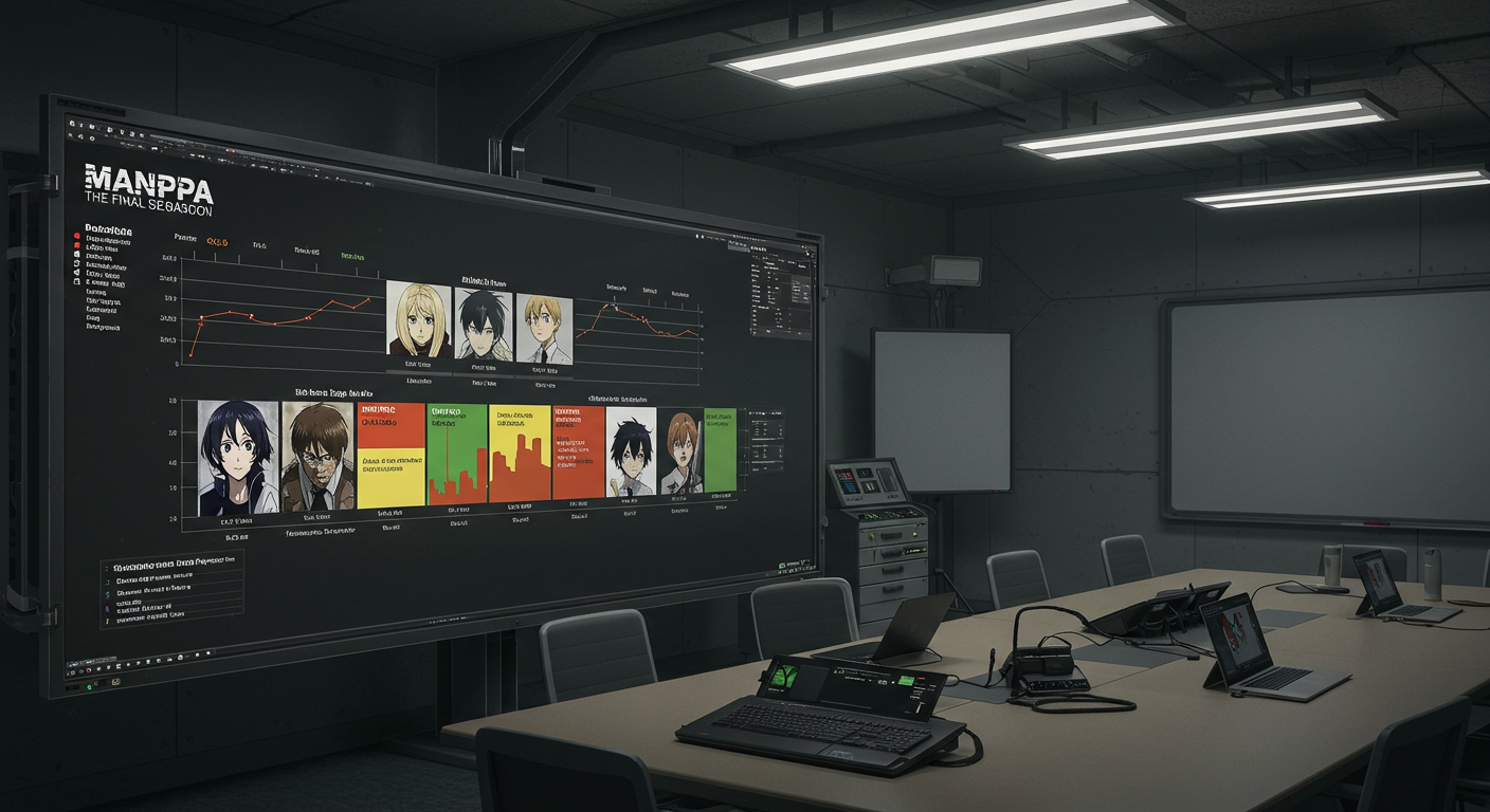 애니메이션 스튜디오 회의실에서 과거 MAPPA 프로젝트들의 출시 패턴을 비교한 타임라인 차트