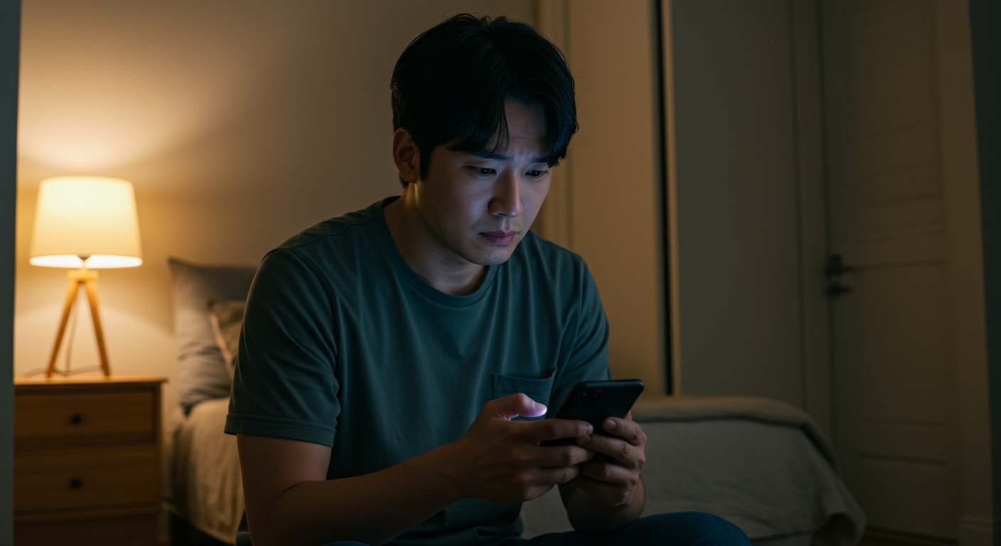 한 남성이 스마트폰으로 영상을 보며 고민에 빠져 있는 모습