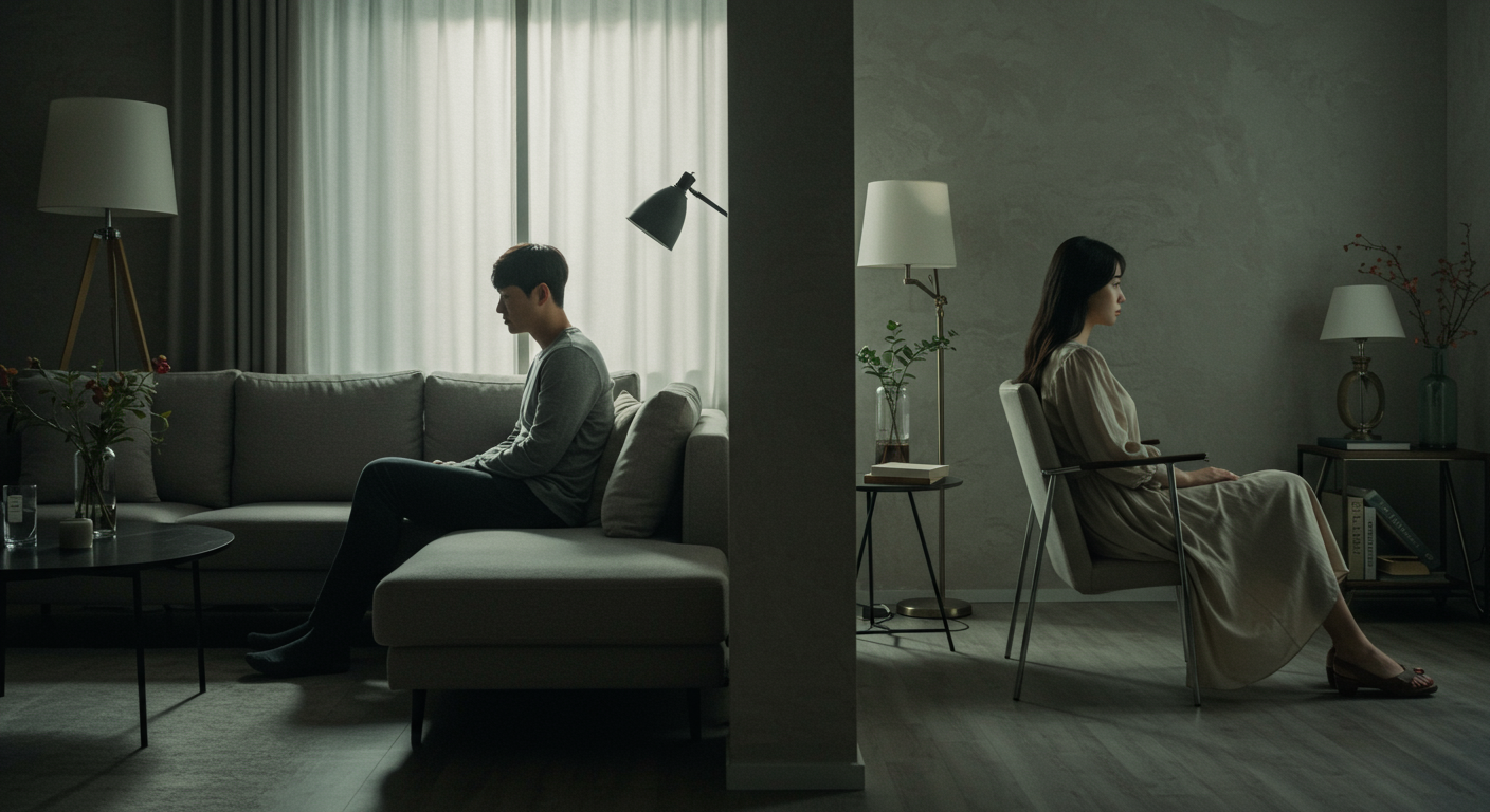 세련된 거실에서 서로 반대편에 앉아 대화 없는 한국 커플