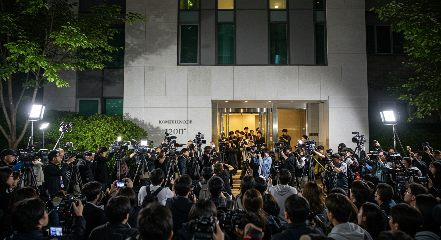 서울 아파트 건물 밖에서 이혼 루머 관련 취재 중인 기자들