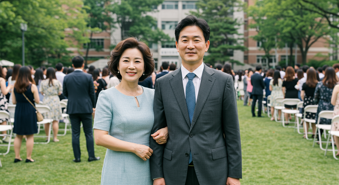 야외 졸업식에서 아들과 함께 참석한 성숙한 모습의 한국 커플