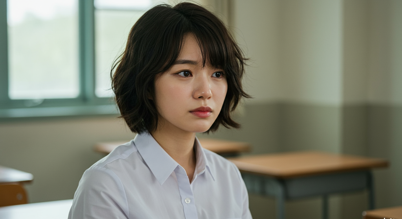 짧은 머리와 내추럴 메이크업을 한 여배우가 무채색 교복을 입고 있는 모습