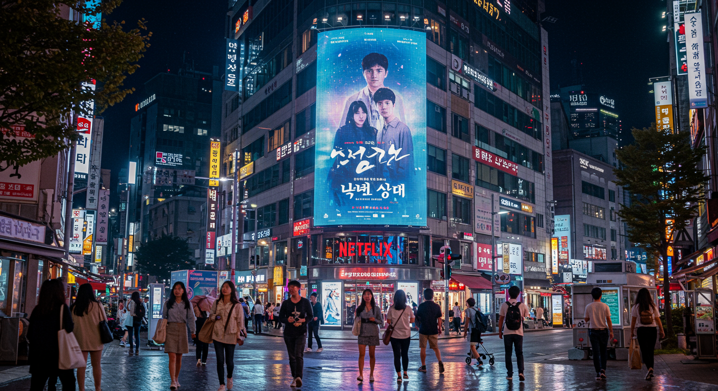 밤의 현대적인 한국 도시 전경과 넷플릭스 드라마 포스터가 걸린 대형 광고판
