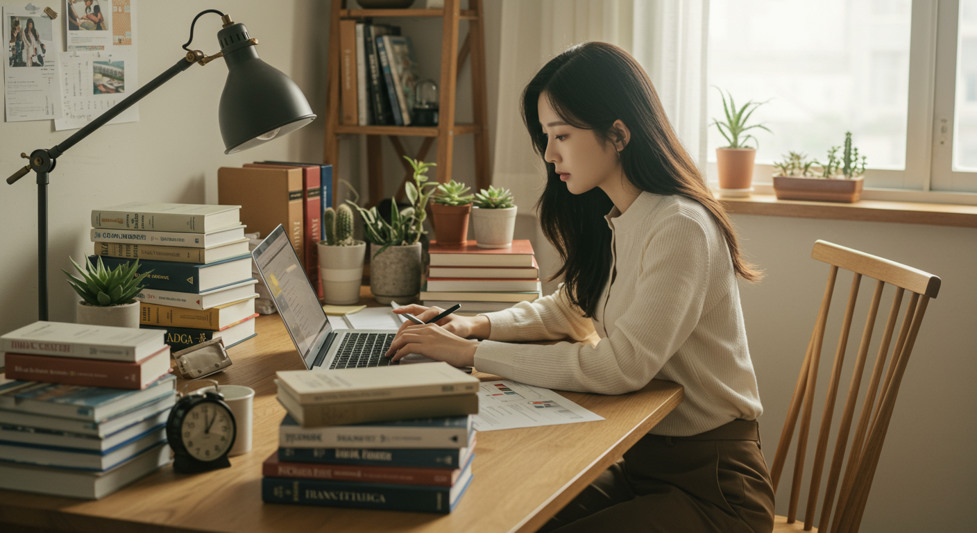 홈 오피스 책상에서 비즈니스 관련 업무를 하고 있는 여성