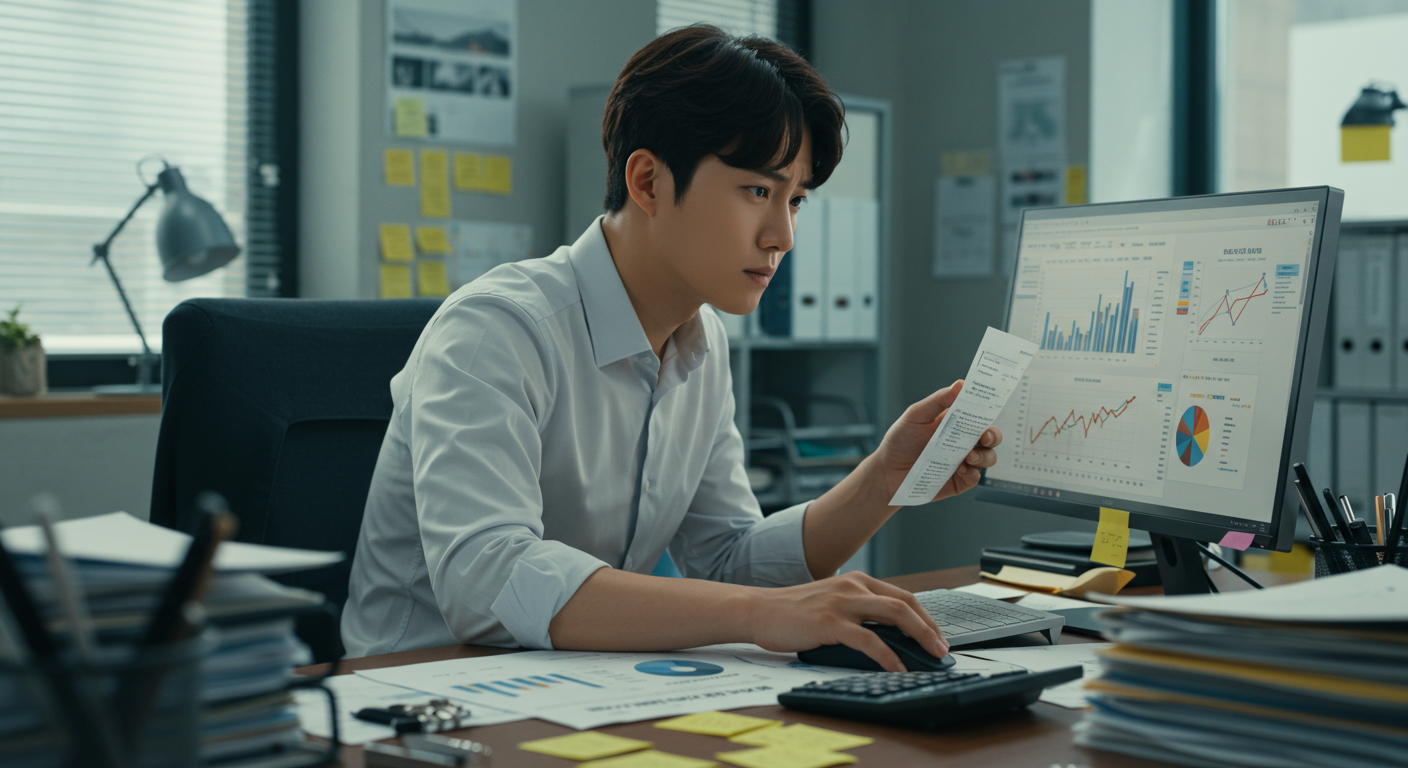 책상에서 컴퓨터로 복권 통계를 분석하는 사무직원의 집중한 모습