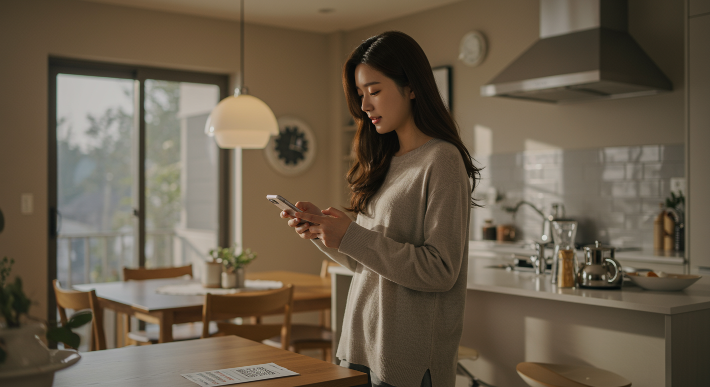 집에서 스마트폰으로 복권 QR 코드를 스캔하는 젊은 여성의 모습