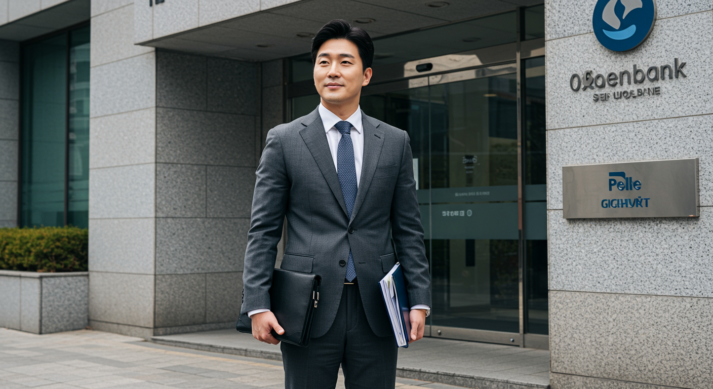은행 앞에서 중요한 서류를 들고 있는 정장 차림의 남성