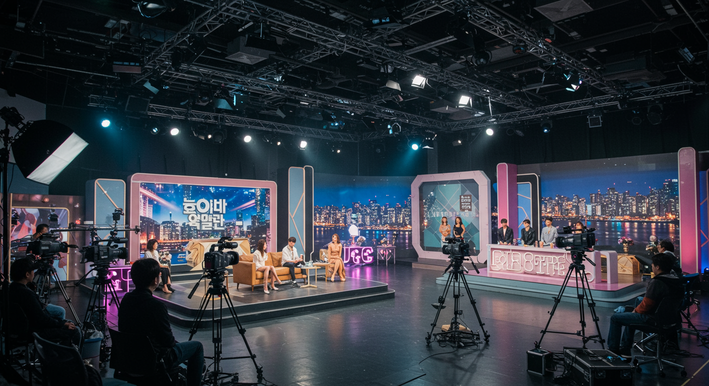 현대적인 한국 연애 리얼리티 쇼의 활기찬 스튜디오 세트 모습
