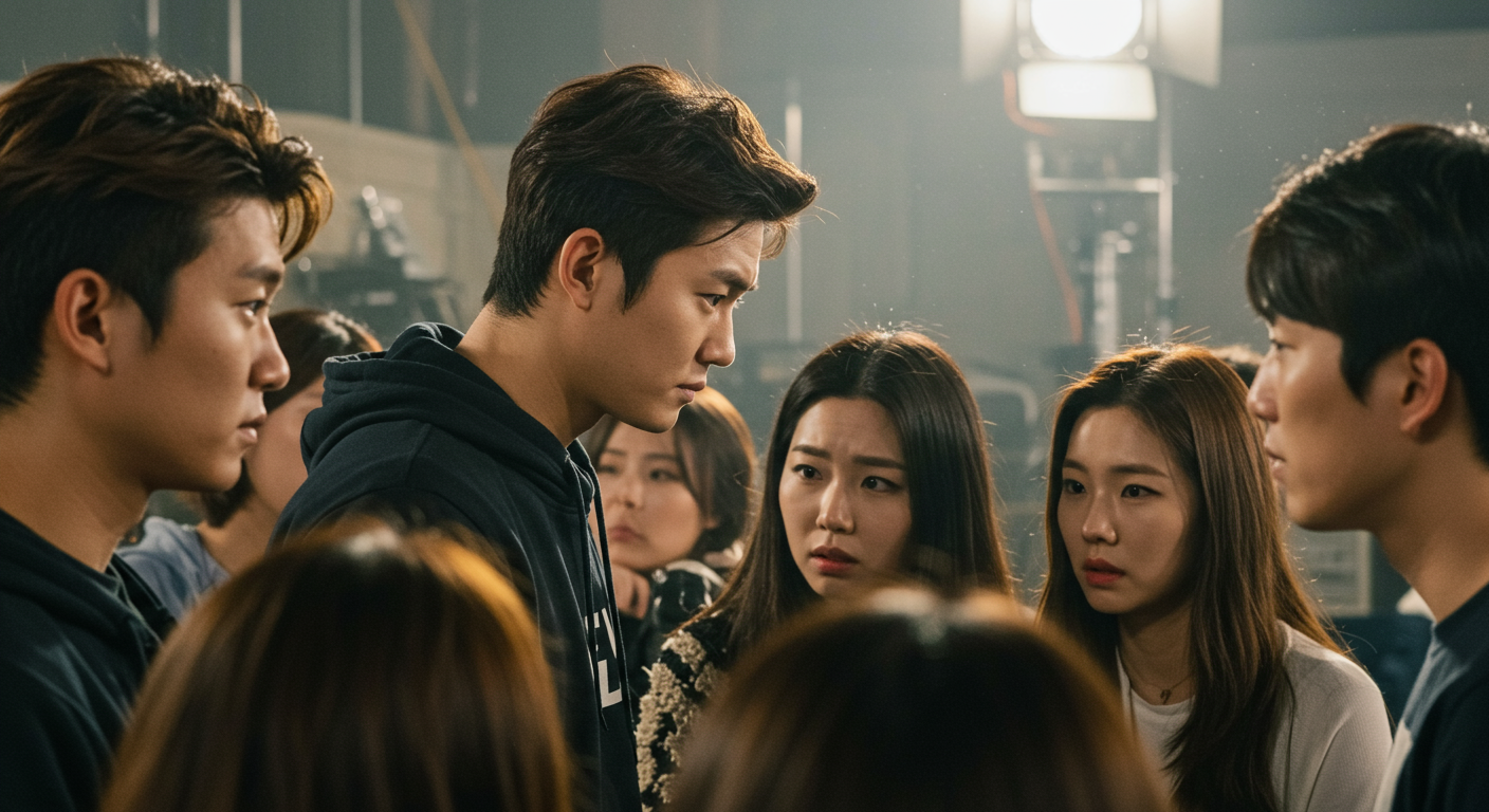 리얼리티 쇼 촬영 중 복잡한 감정과 관계 역학이 드러나는 한국 참가자들 클로즈업