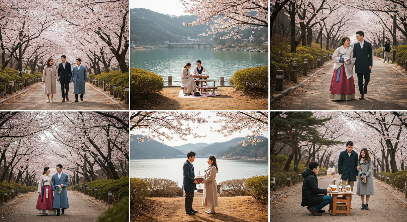 자연스럽고 솔직한 순간들이 포착된 한국의 아름다운 장소들에서 데이트를 즐기는 다양한 커플들