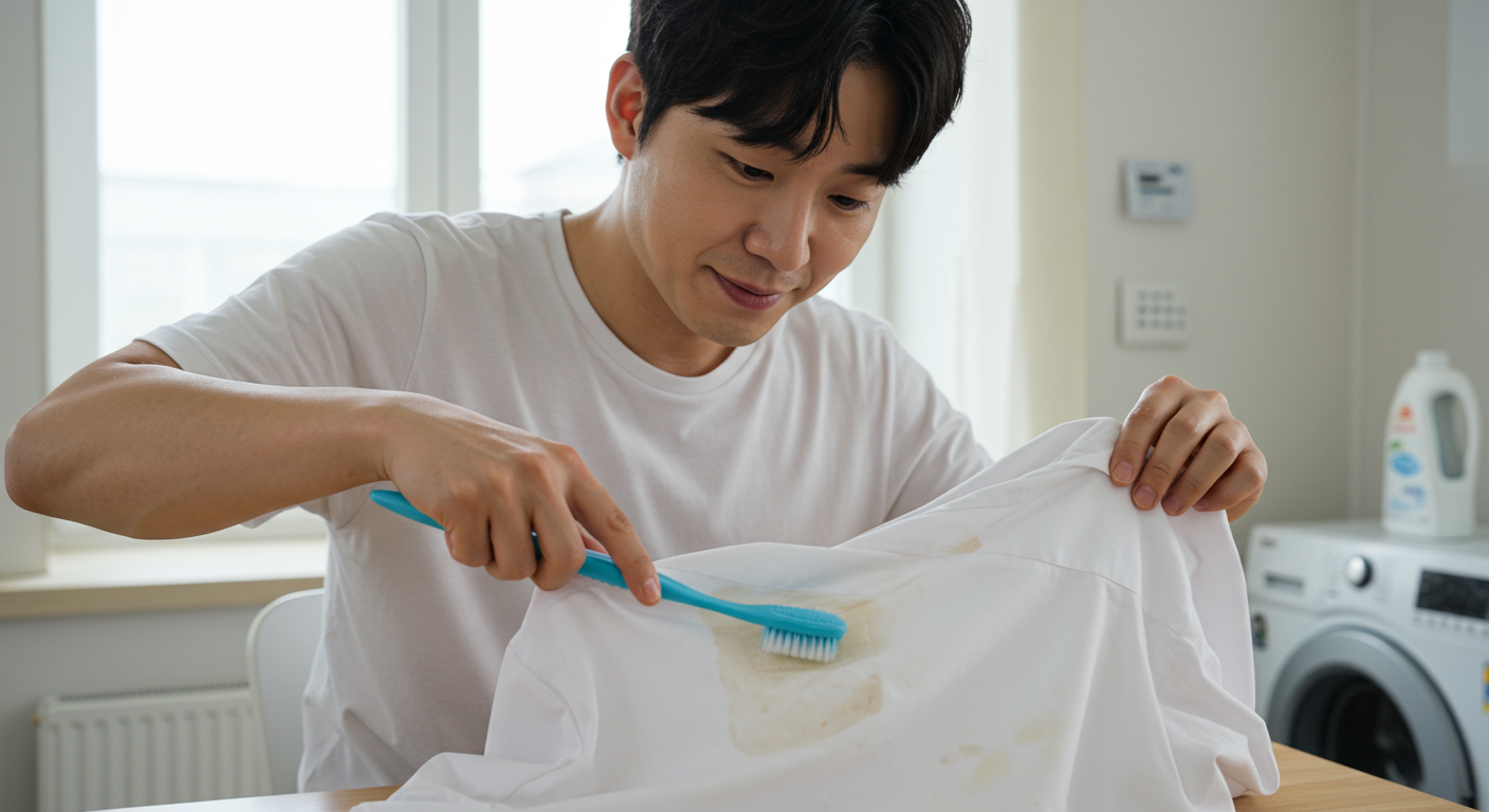 한국 남성이 칫솔로 식초와 주방세제를 섞어 셔츠 겨드랑이 부분의 땀자국을 제거하는 모습