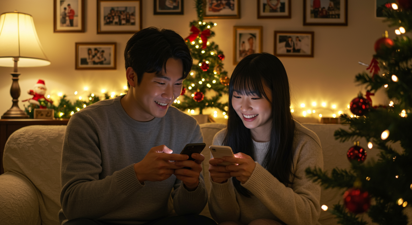 스마트폰으로 문자 메시지를 주고받는 젊은 커플이 크리스마스 조명과 작은 트리로 꾸며진 아늑한 방에 있는 모습