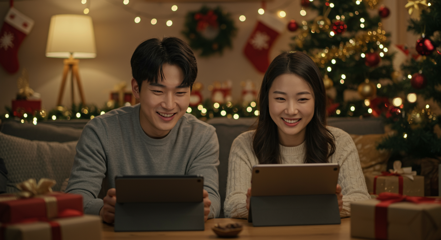 태블릿을 통해 영상 통화하며 미소 짓는 두 사람이 주변에 휴일 장식을 배경으로 따뜻함과 연결감을 표현하는 모습