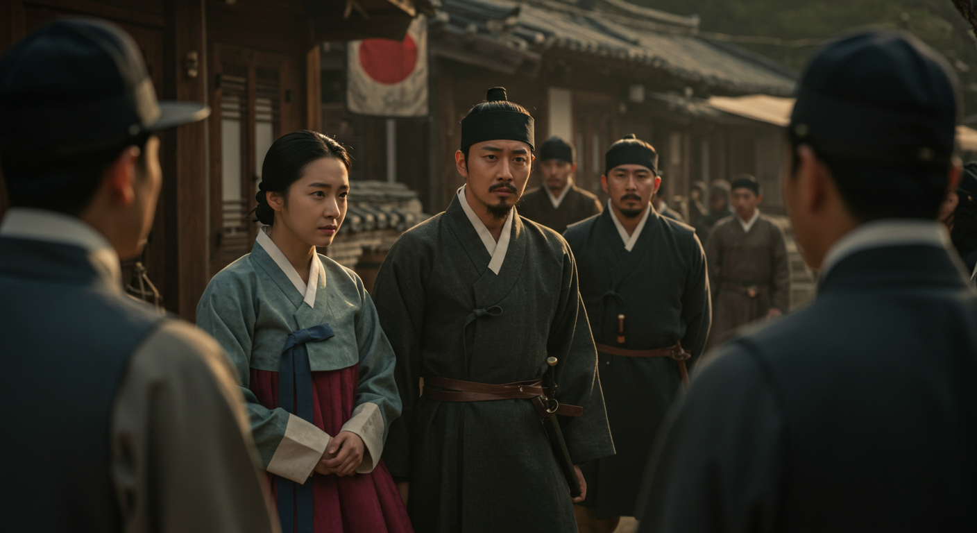 일본 강점기 동안 복잡한 친일 인물들을 묘사한 사극 영화 세트 장면