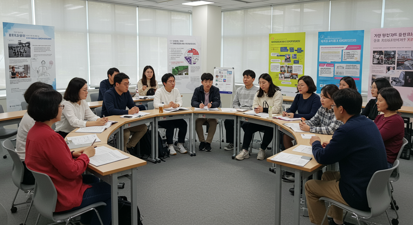 표현의 자유와 책임을 주제로 한 교육 워크숍에서 건설적인 토론에 참여하는 사람들