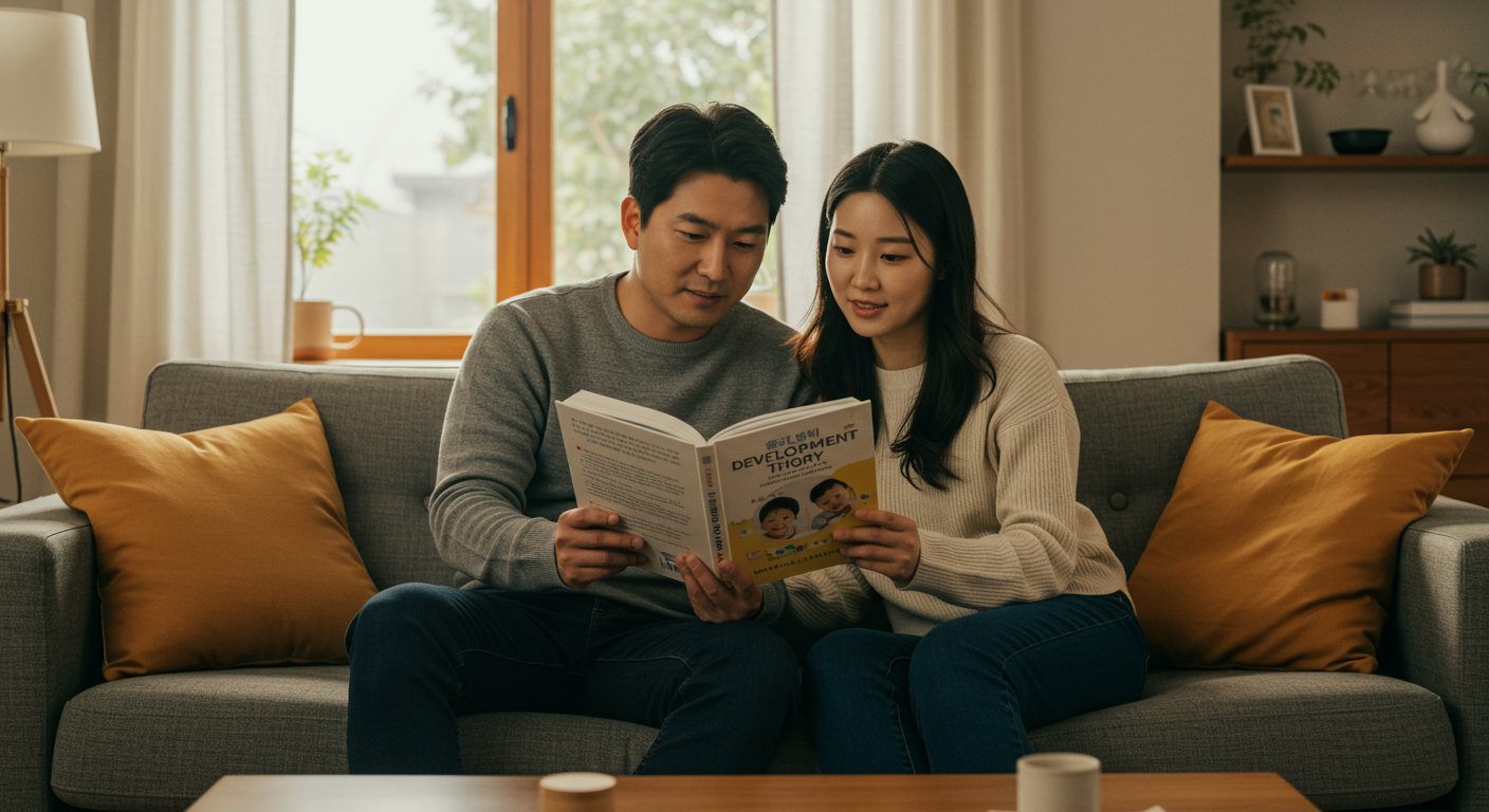 부모가 거실에서 아기 발달 이론 책을 읽고 있는 모습