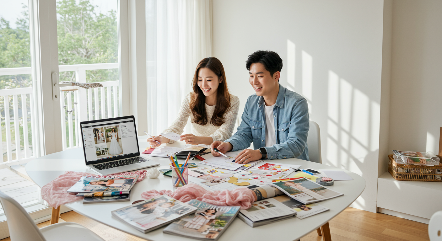 결혼을 앞둔 젊은 커플이 집에서 혼인서약서를 계획하며 대화를 나누는 모습