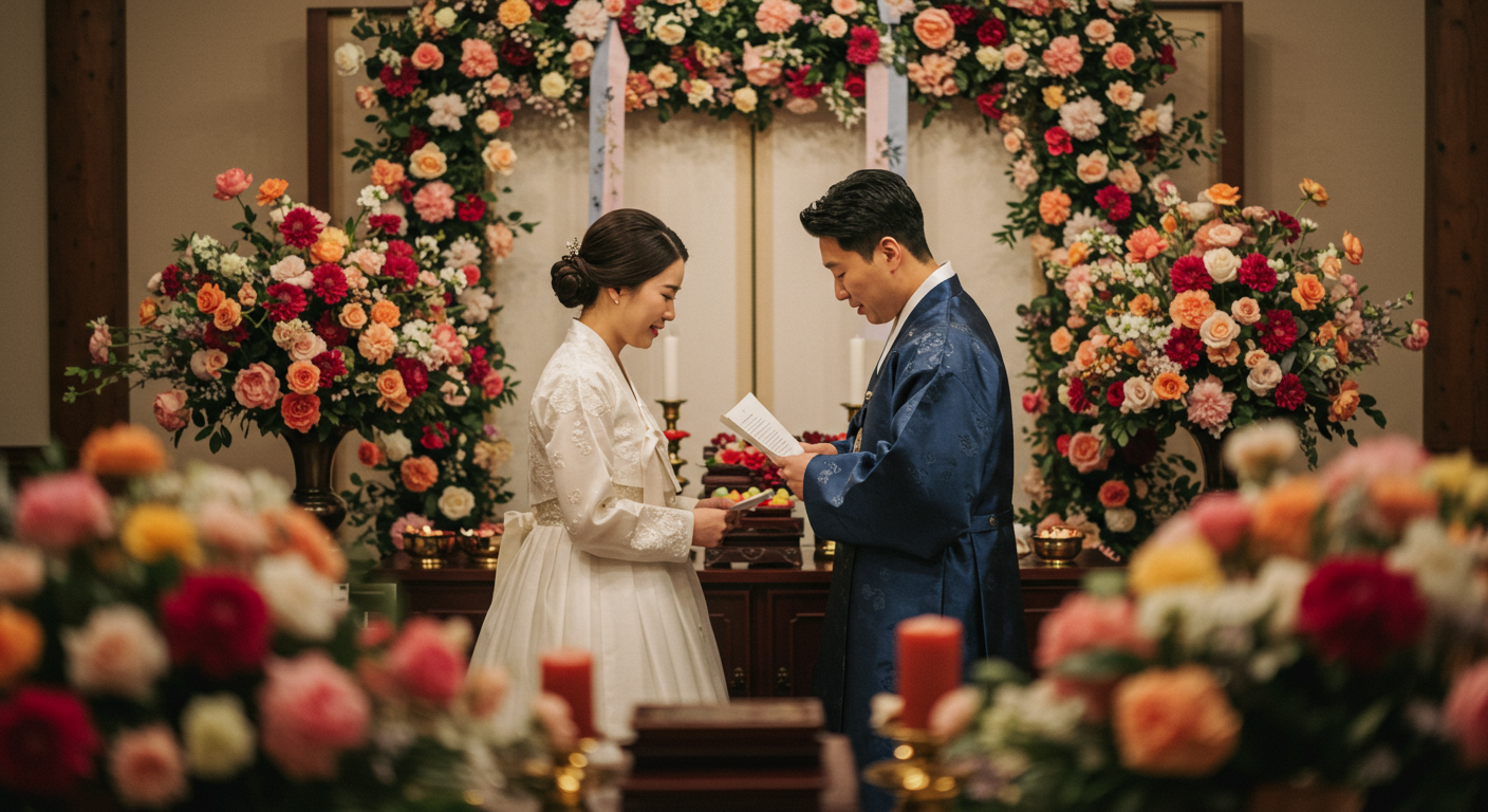 주례 없이 신랑신부가 서로에게 서약을 낭독하는 장면