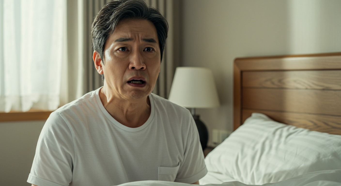 이빨이 빠지는 꿈에서 깬 중년 남성이 놀란 표정으로 침대에 앉아 있는 모습