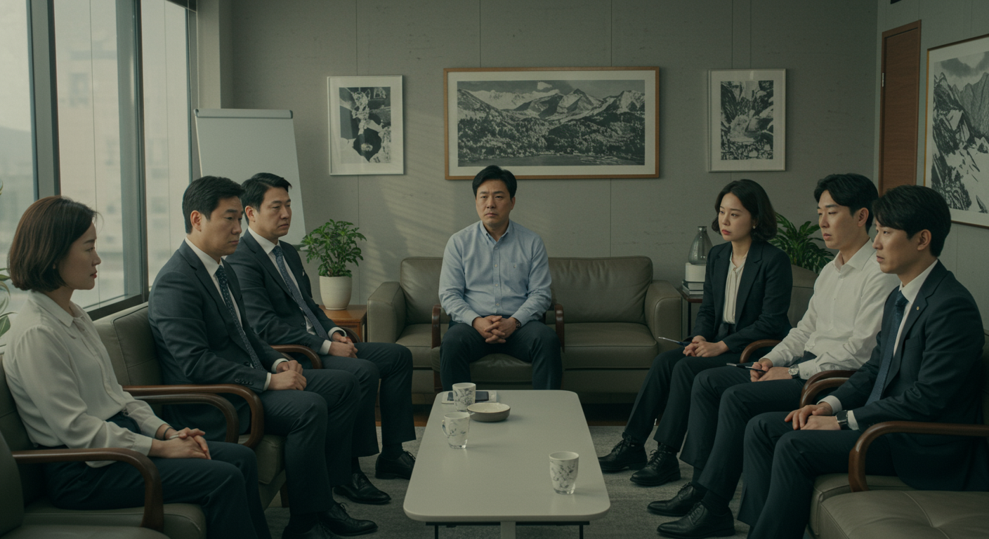 회의실에서 젊은 세대와 대면하며 자기 의심과 고민에 잠긴 표정의 중년 직장인들