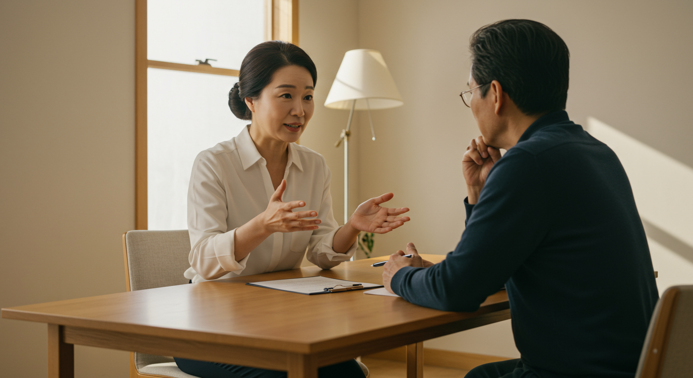 반복되는 이빨 빠지는 꿈에 대해 설명하는 한국인 심리학자와 상담하는 중년 고객