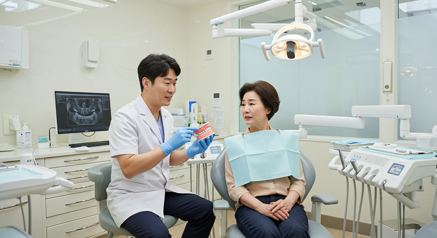 구강 건강 상담을 받으며 꿈에 대한 걱정을 표현하는 중년 환자가 있는 한국 치과 클리닉 장면