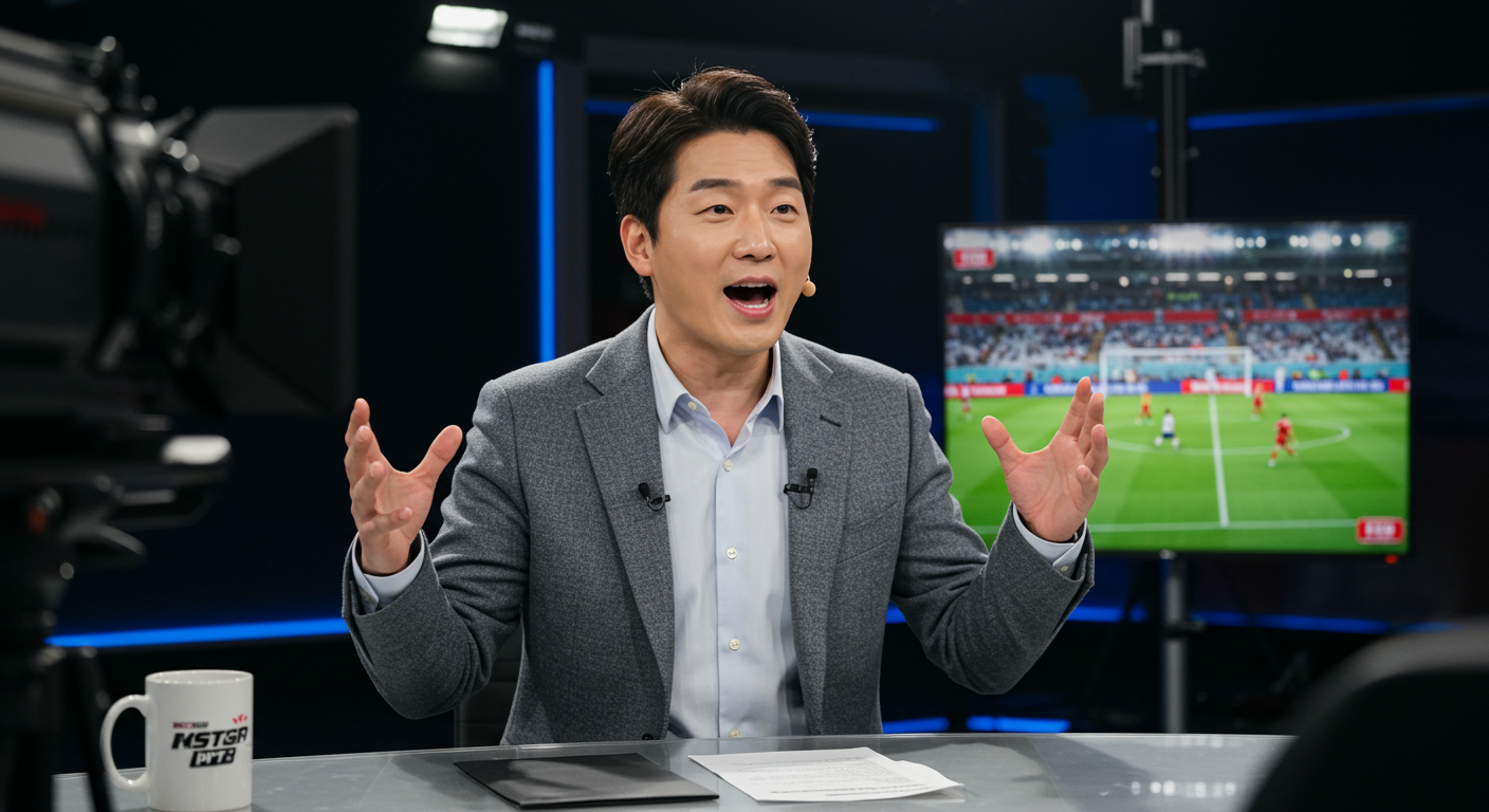 축구 경기를 열정적으로 설명하는 스포츠 해설가의 모습
