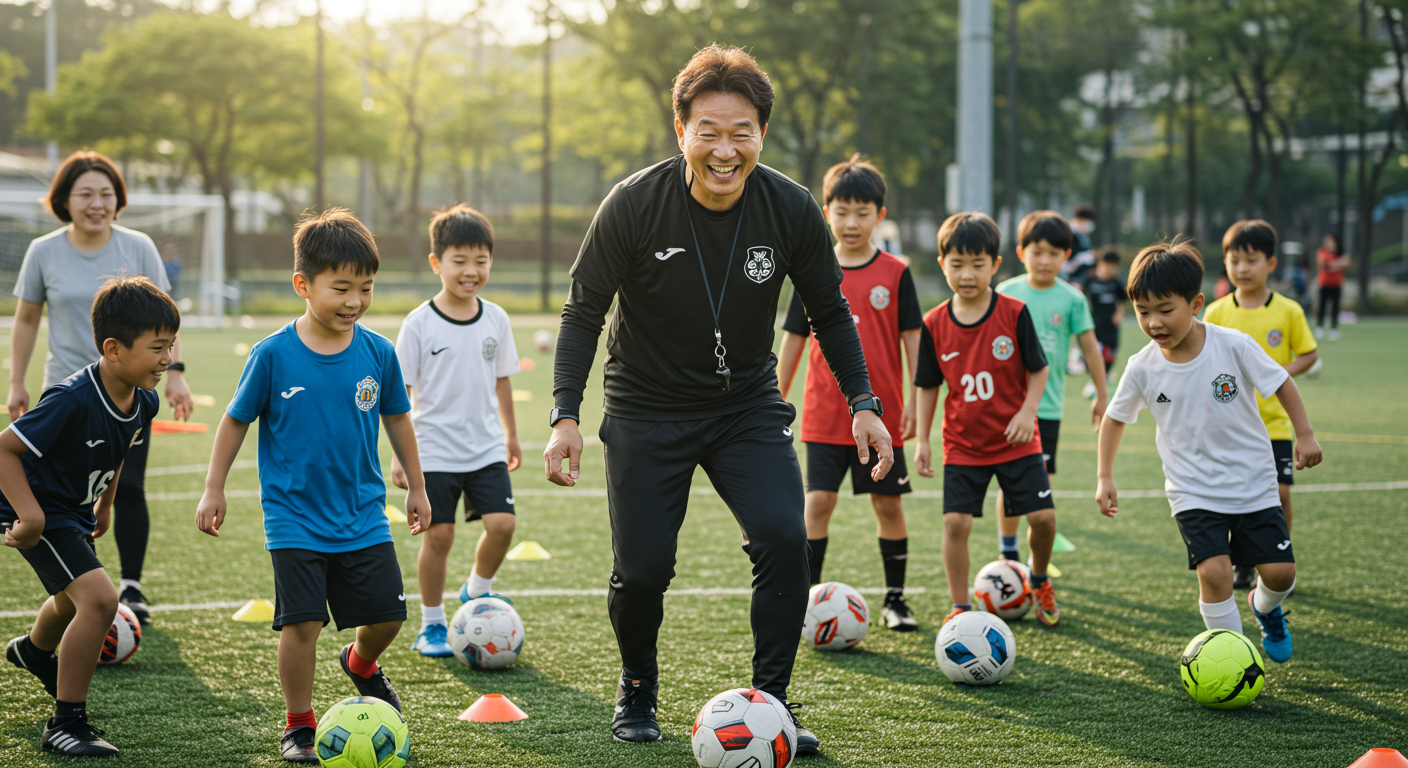 유소년 축구 클리닉에서 아이들을 지도하는 장면
