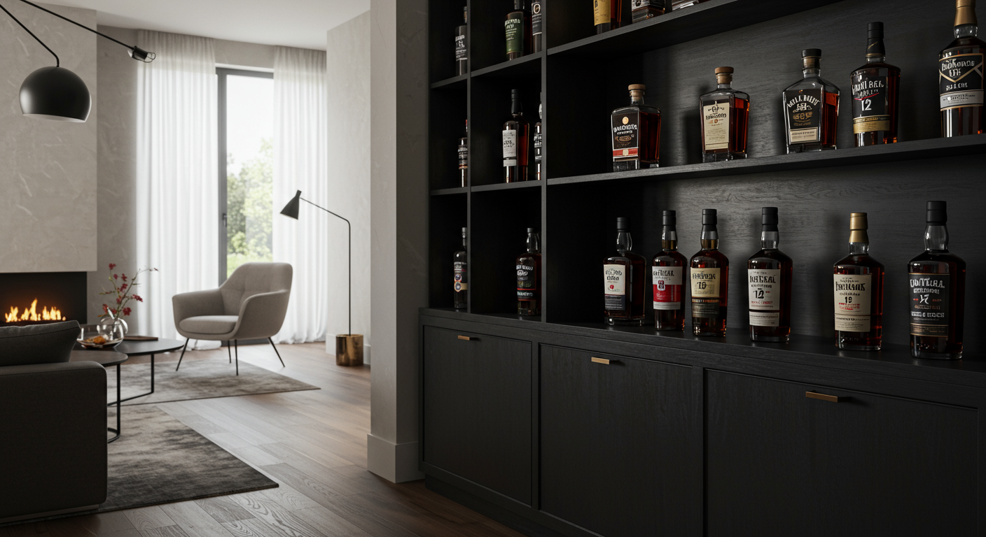 세련되고 현대적인 인테리어에서 고급 위스키 병들이 전시된 모습