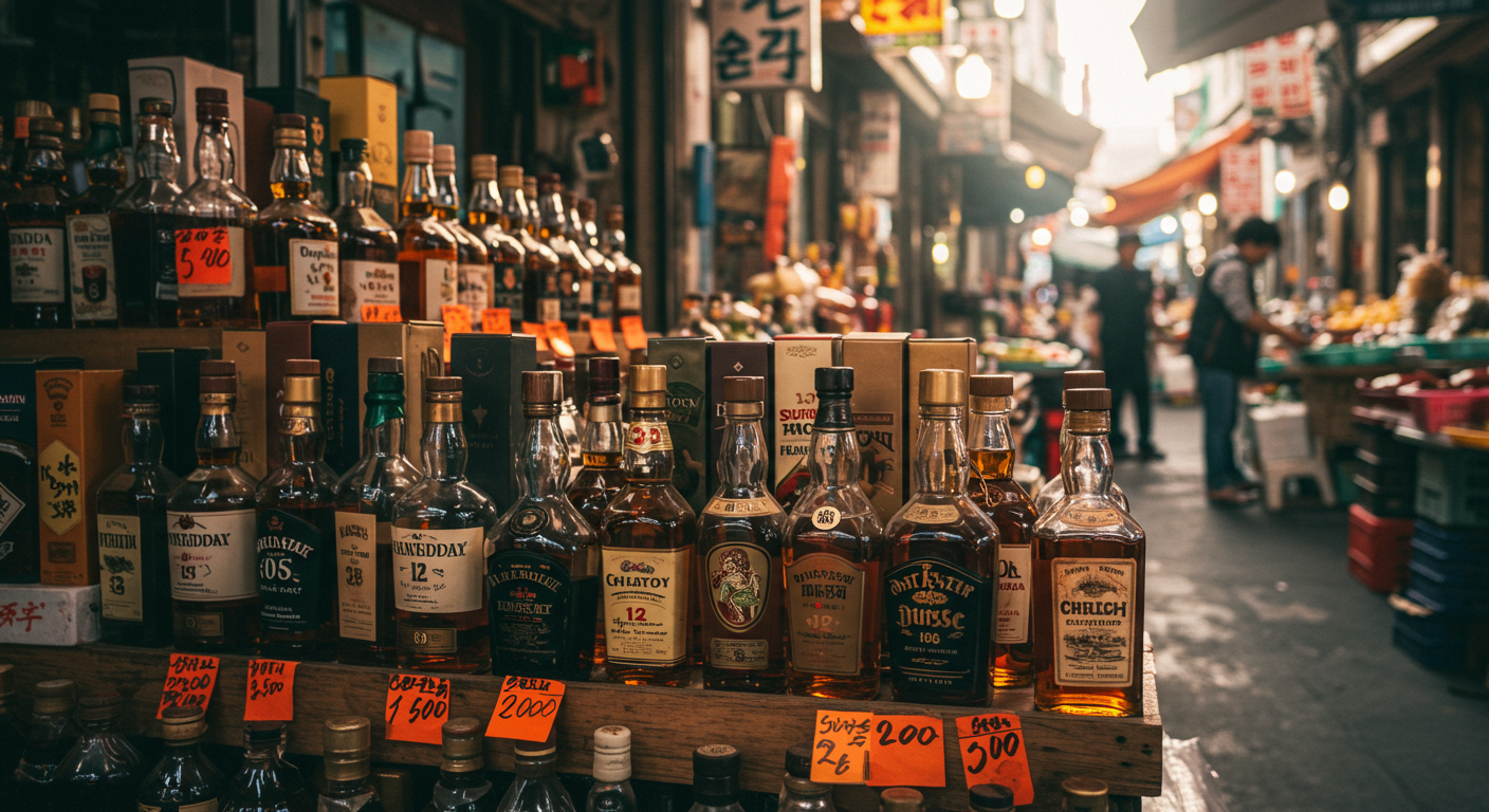 다양한 빈티지 위스키 병들이 진열된 한국의 중고시장 클로즈업