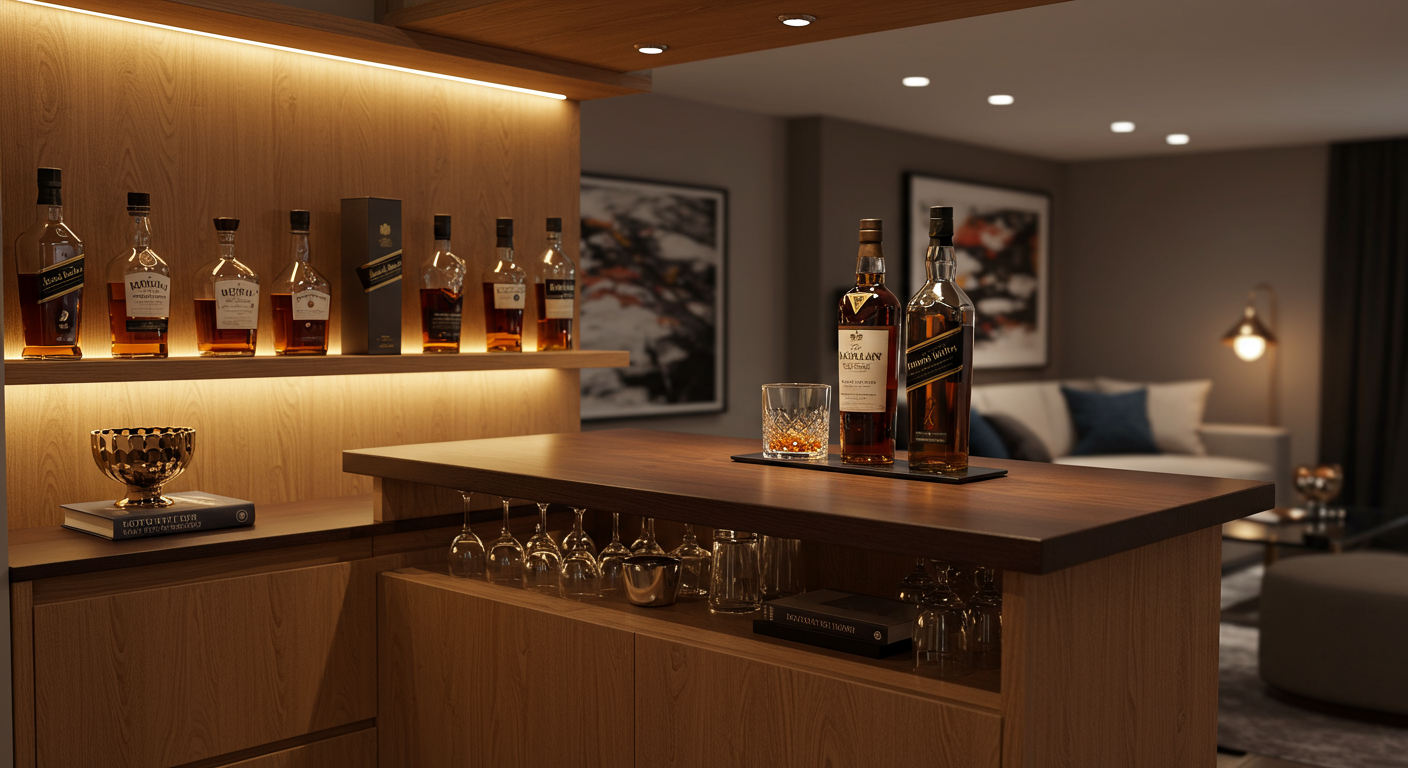 세련된 아파트의 홈바에서 장식품으로 사용되는 럭셔리 위스키 병들