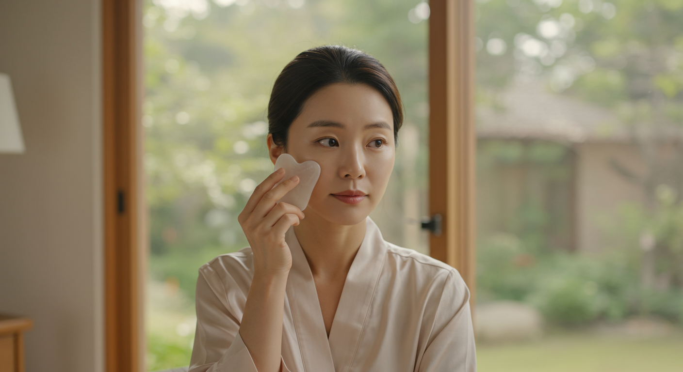한국 여배우가 집에서 도자기 괄사를 사용하여 얼굴 마사지를 하고 있는 모습