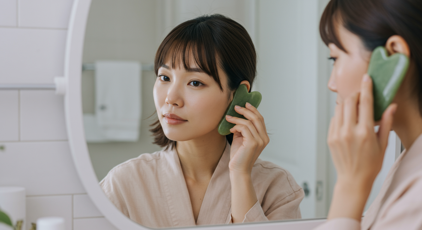 거울 앞에서 귀 주변을 리프팅하기 위해 괄사를 사용하는 여성
