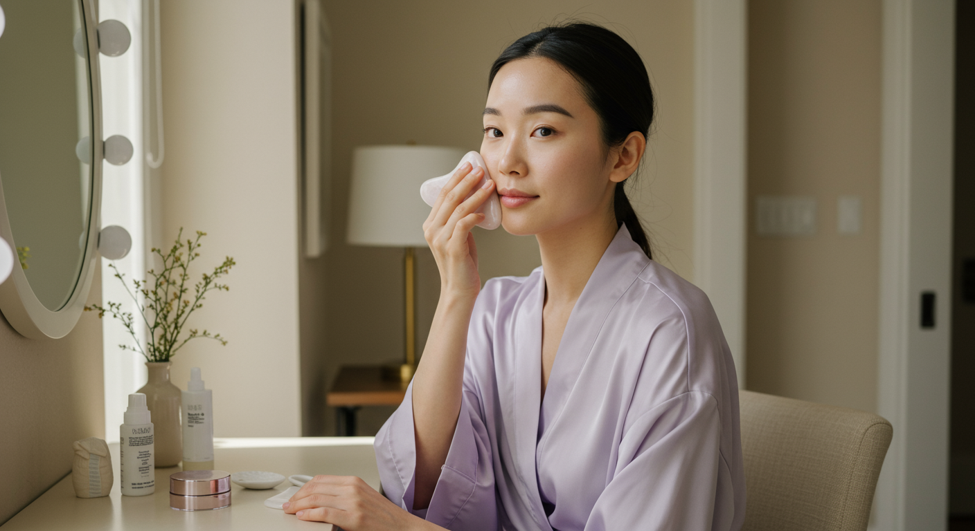 아침 햇살 아래 차가운 도자기 괄사로 부기를 가라앉히는 여배우