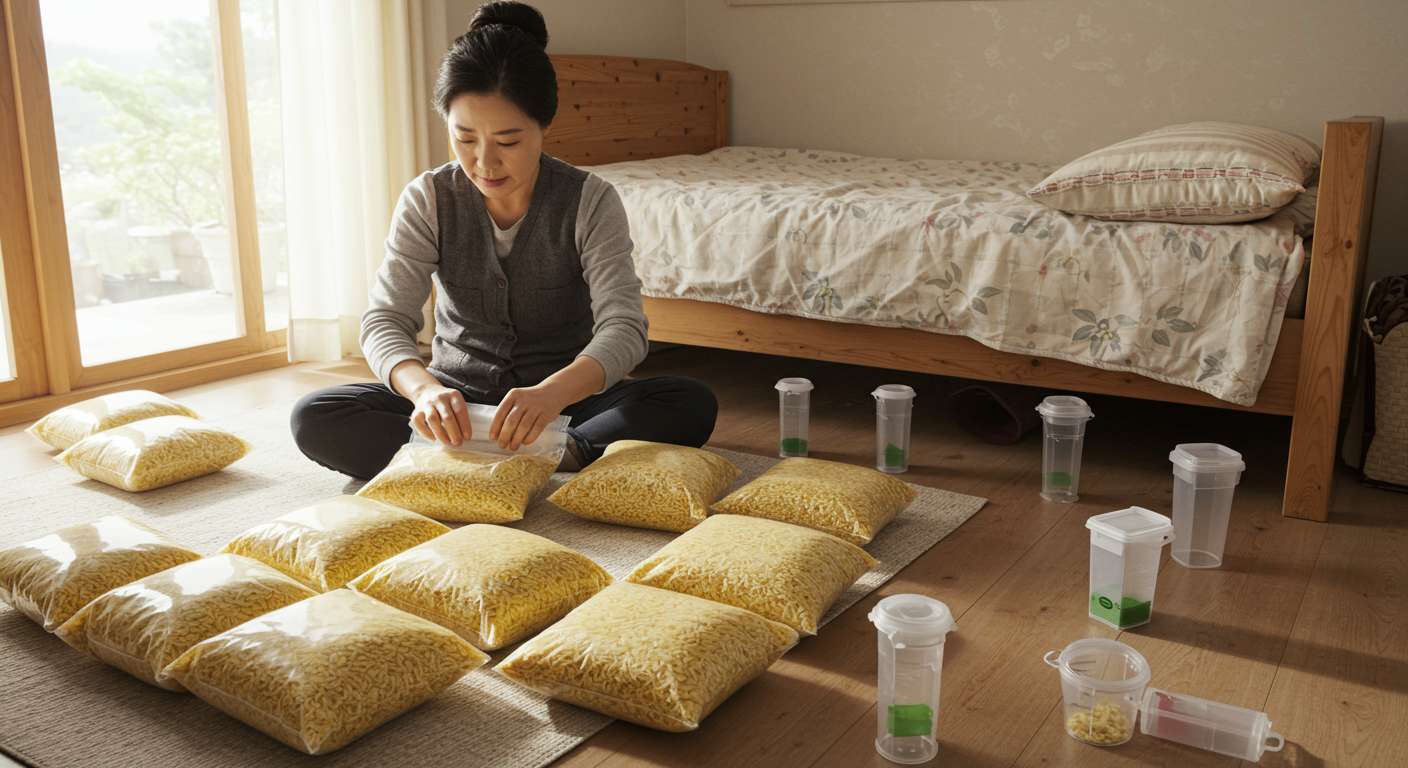 곡물 베개를 비닐봉지에 밀봉하고 페로몬 트랩을 설치하는 장면
