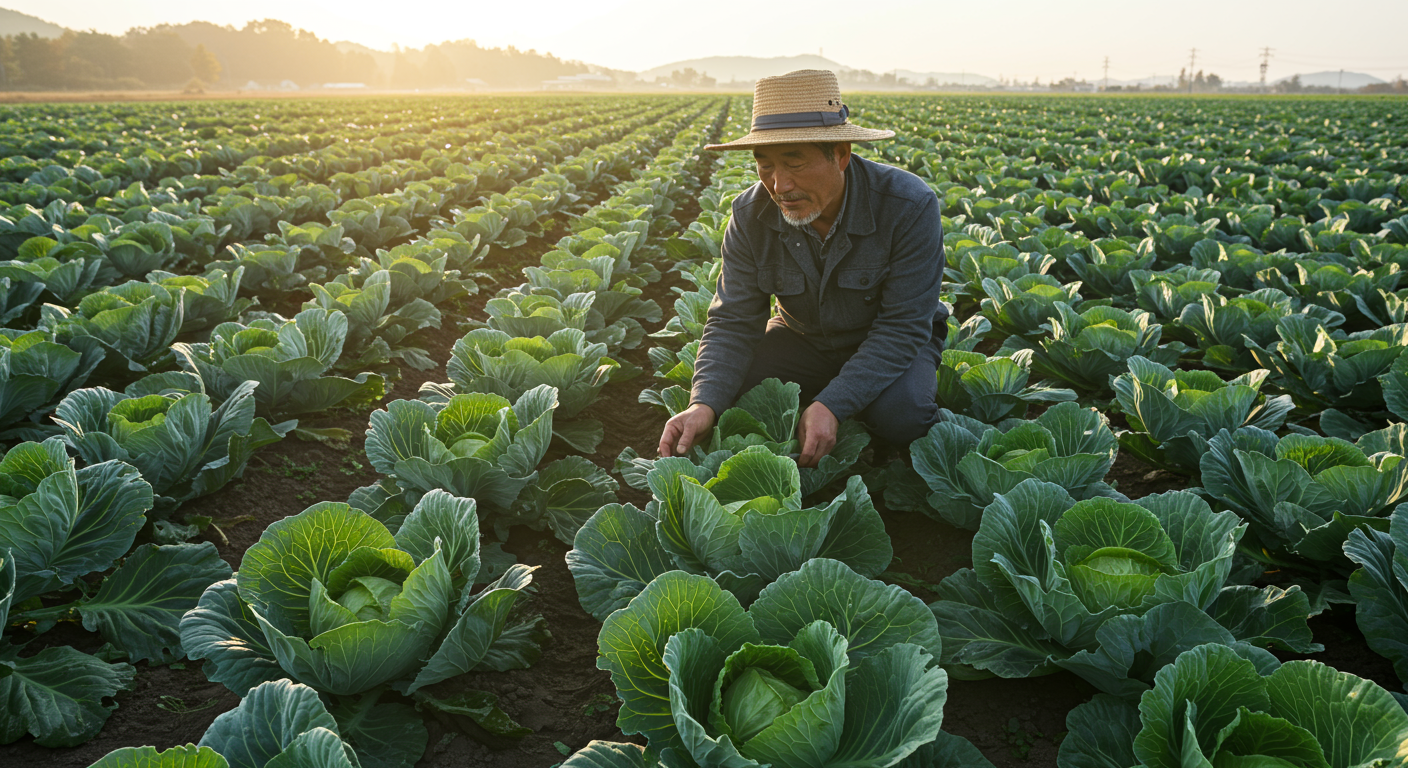 가을 햇볕 아래 배추밭에서 건강한 배추를 확인하는 농부의 모습