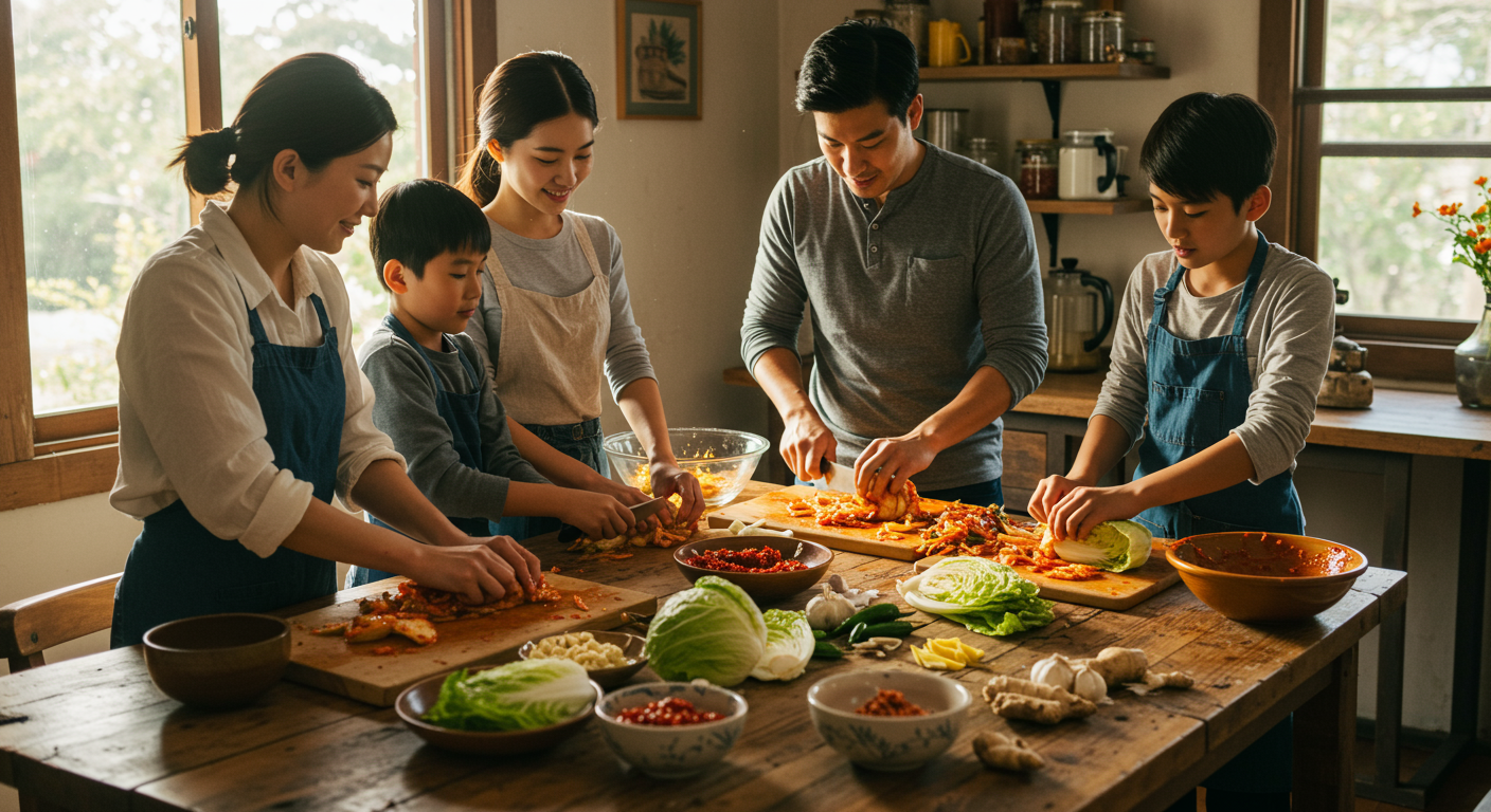 신선한 배추와 재료들로 집에서 가족이 함께 김치를 만드는 장면