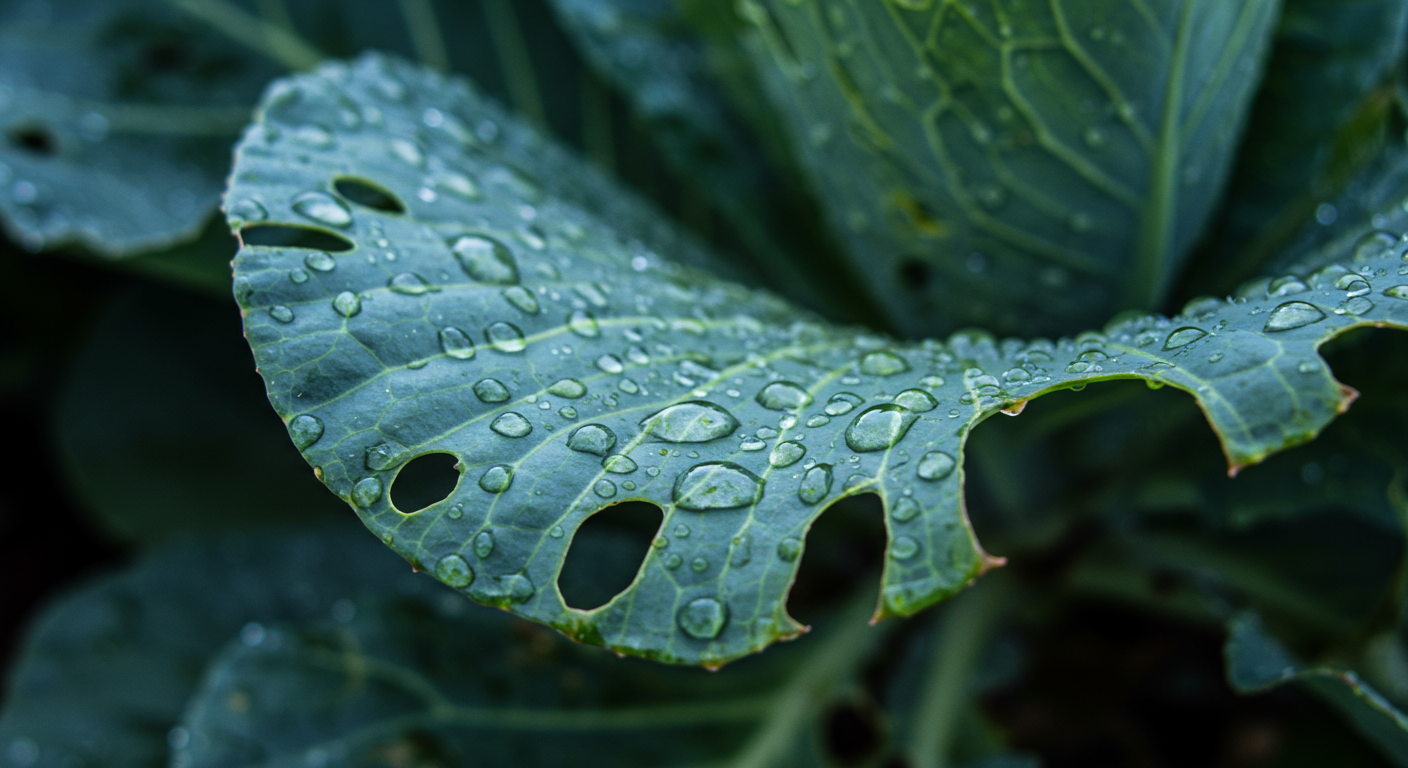 해충에 의해 작은 구멍이 난 배추 잎과 물방울이 맺힌 모습
