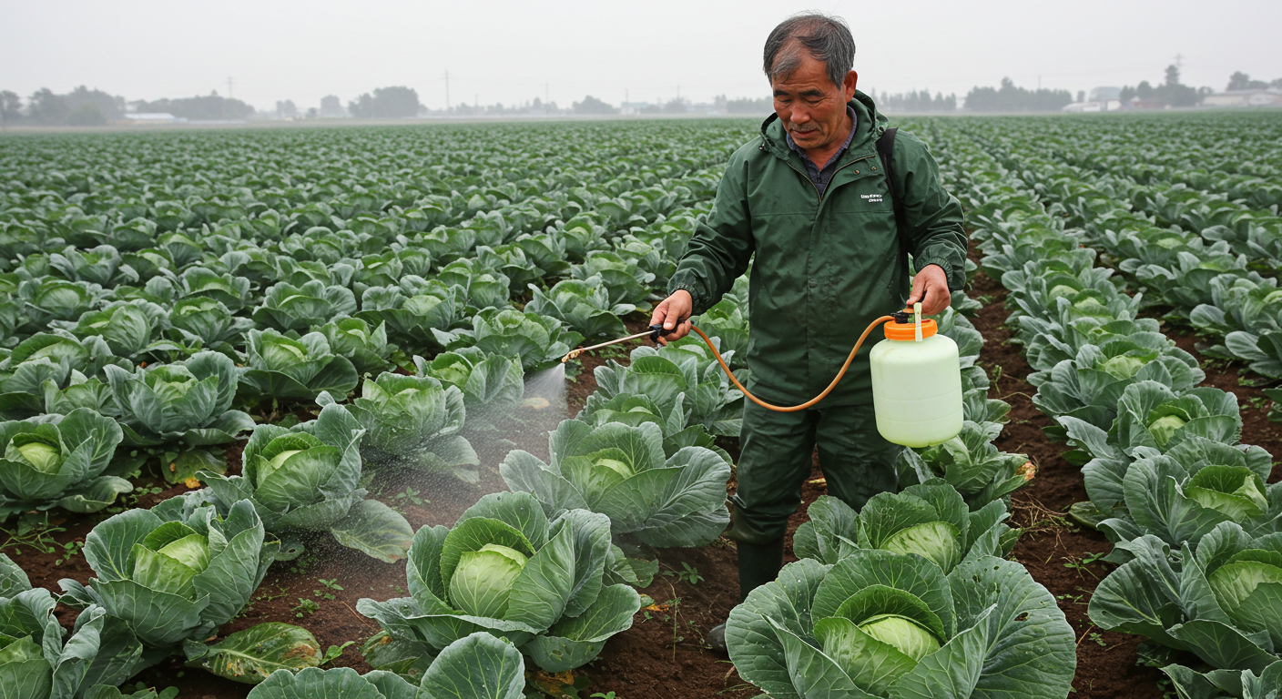 비가 온 뒤 배추밭에서 약제를 뿌리는 농부의 세심한 작업 모습